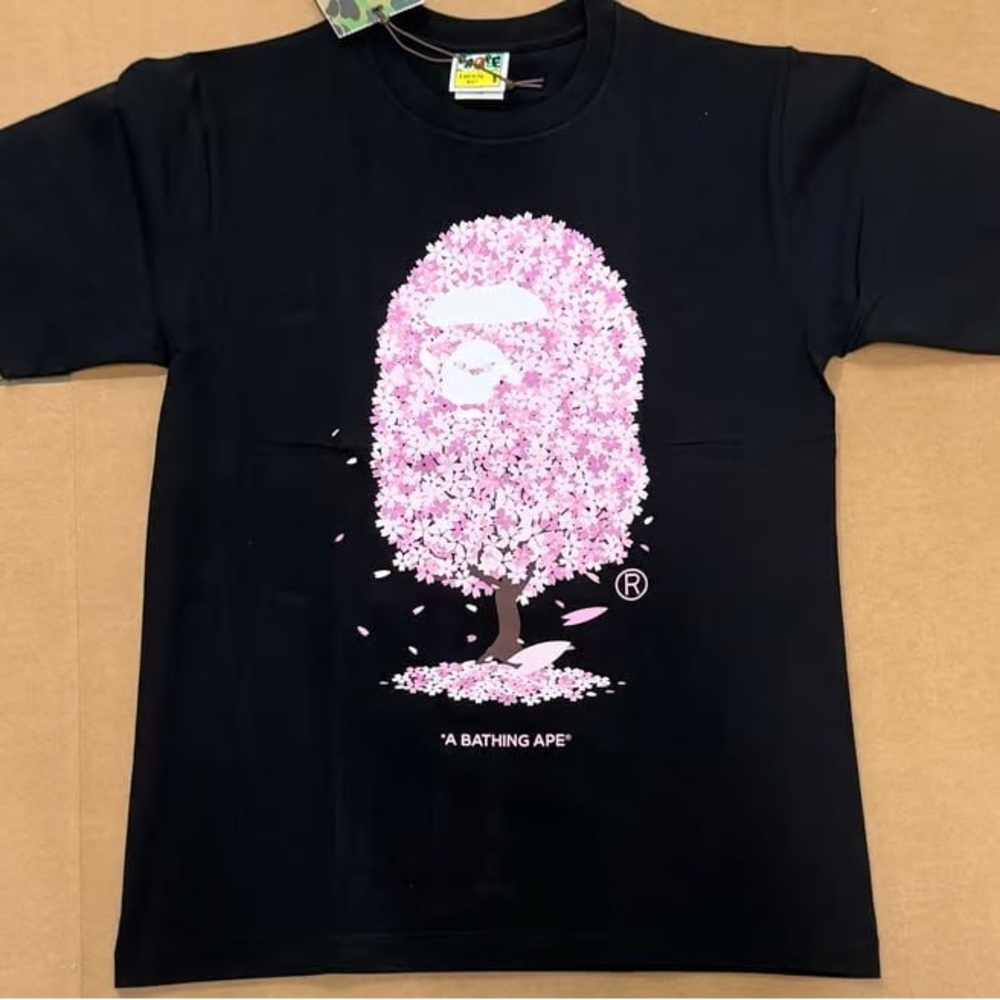 Bape Black Tee with Pink Floral Ape Tree Graphic